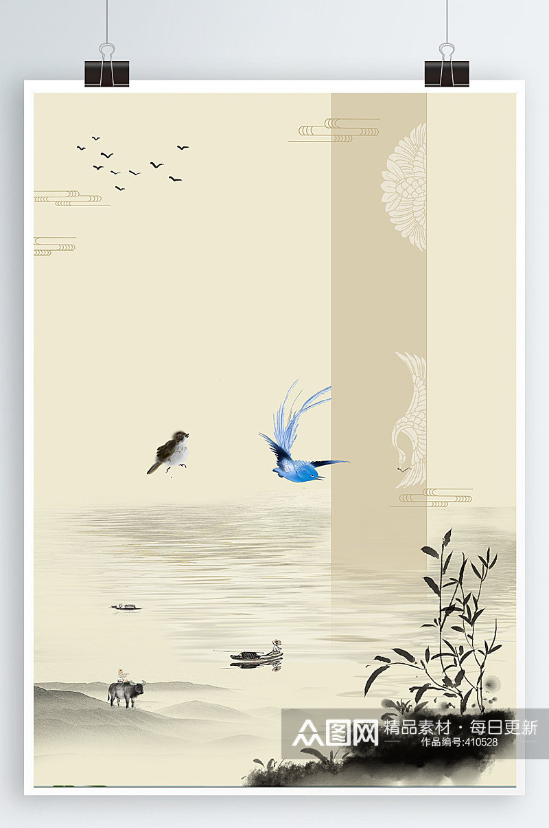 中式海报背景工笔花鸟素材