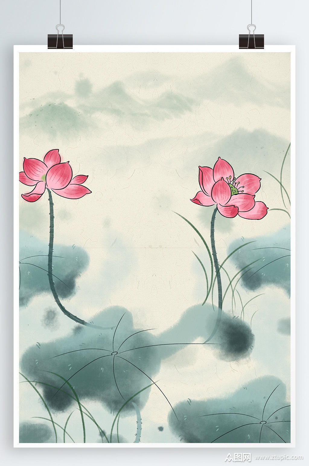 水墨背景小清新荷花