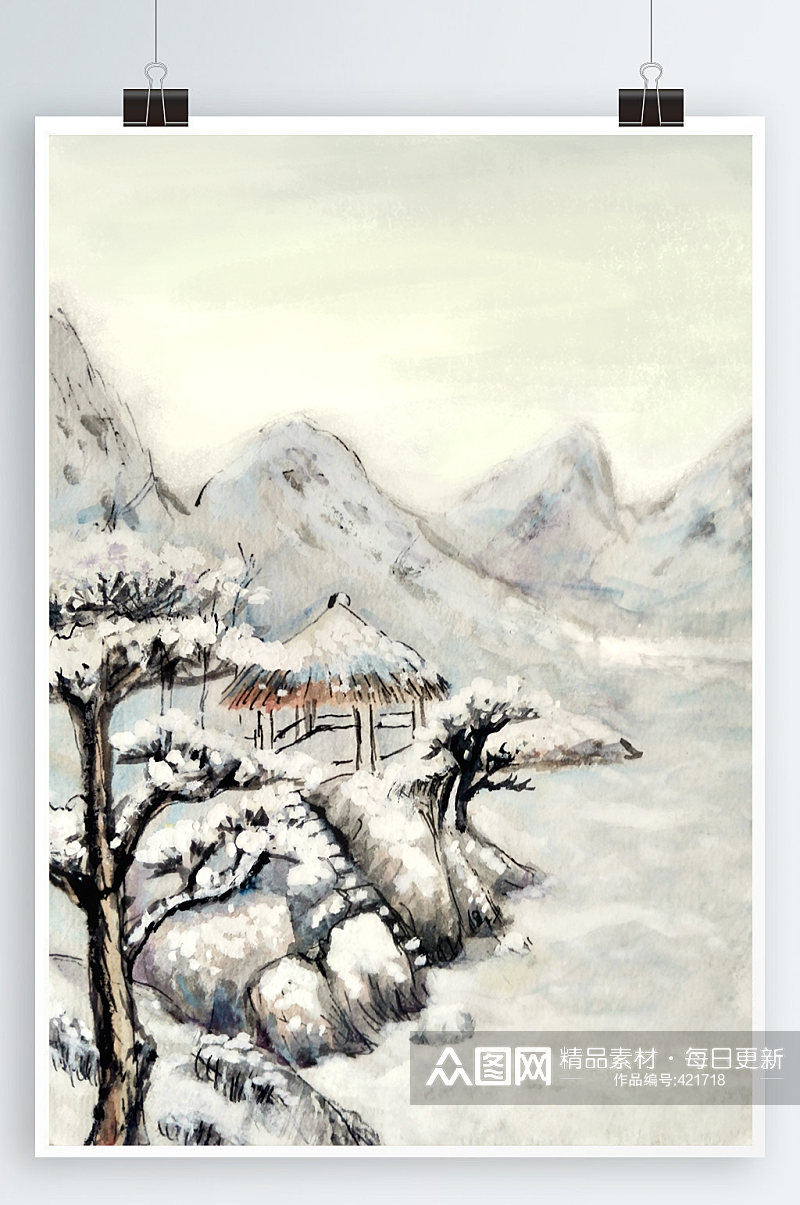 中式水墨冬季雪景素材