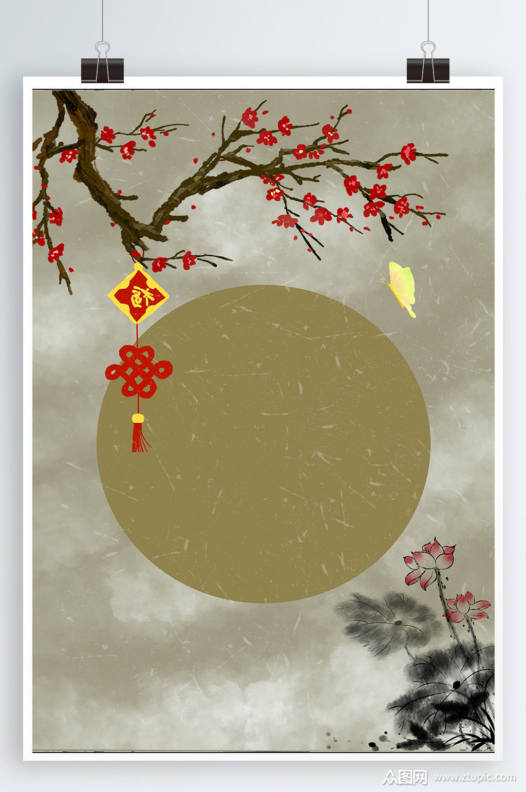 水墨荷花古风海报背景素材