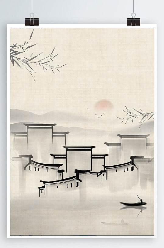 水墨背景徽派建筑