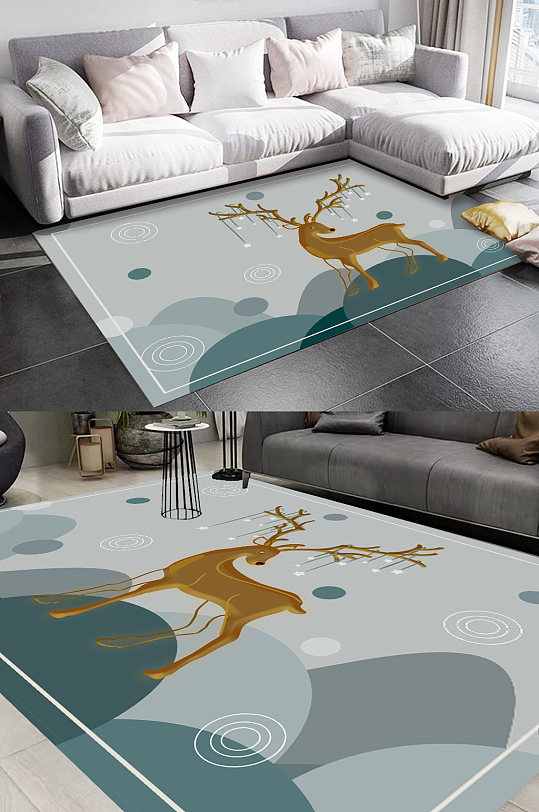 麋鹿山水几何图形地毯-众图网