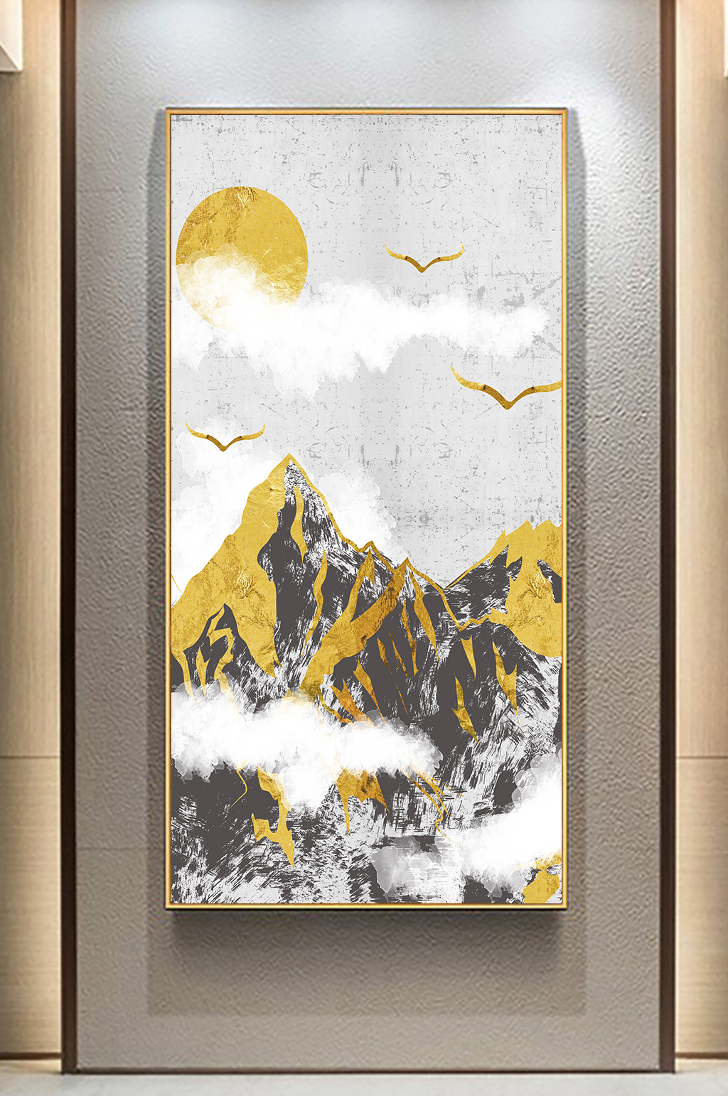 意境山水金箔山水玄关画素材