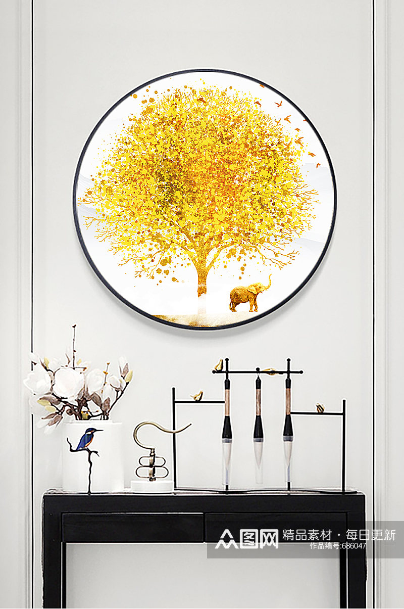 黄金发财树圆形装饰画素材