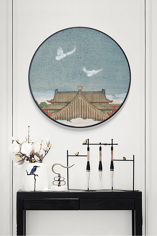 中式建筑圆形装饰画-众图网