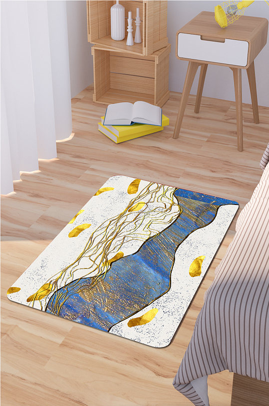 卡通圆形地毯鎏金线条山水-众图网