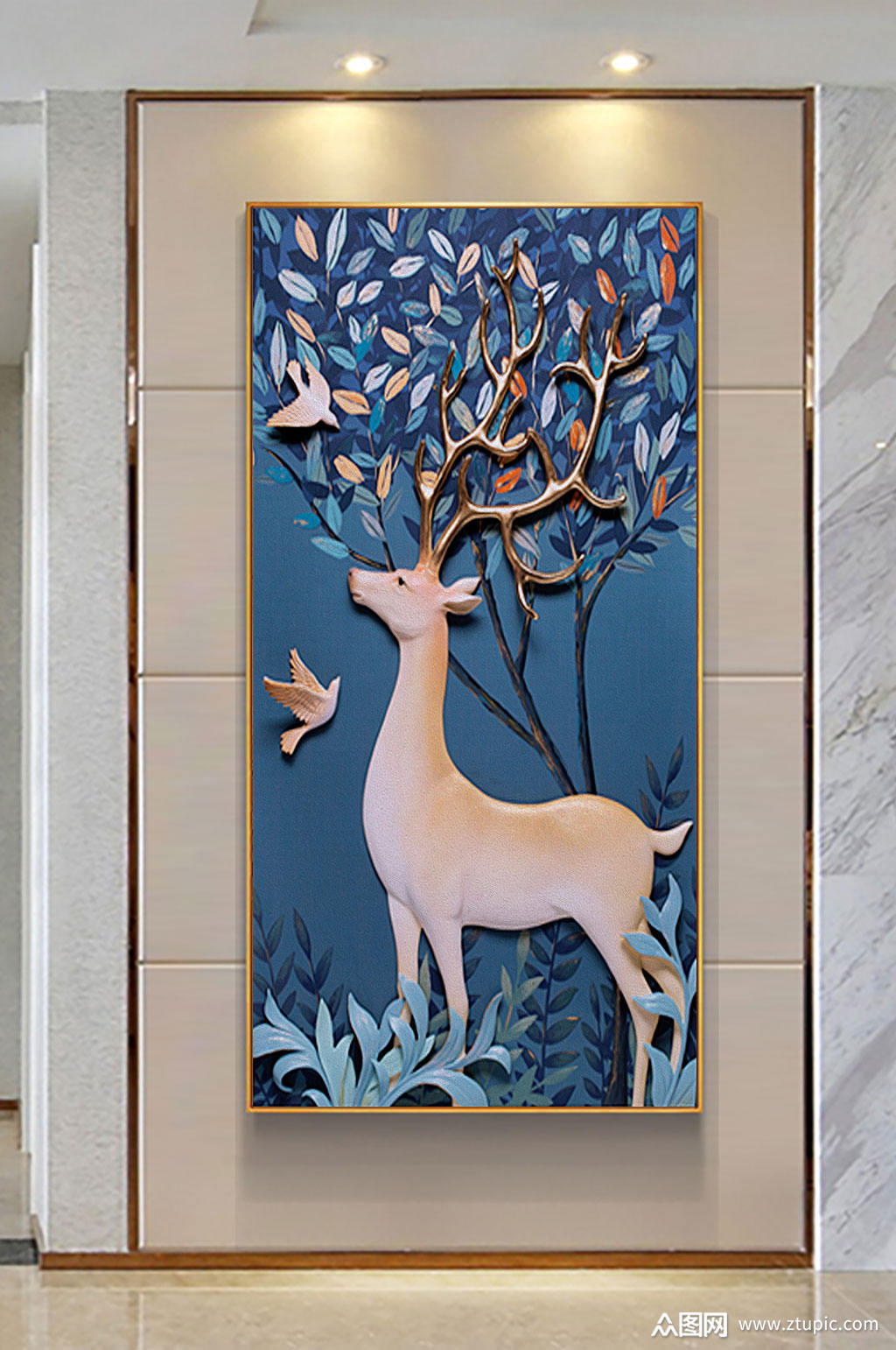 3d立体浮雕麋鹿玄关画