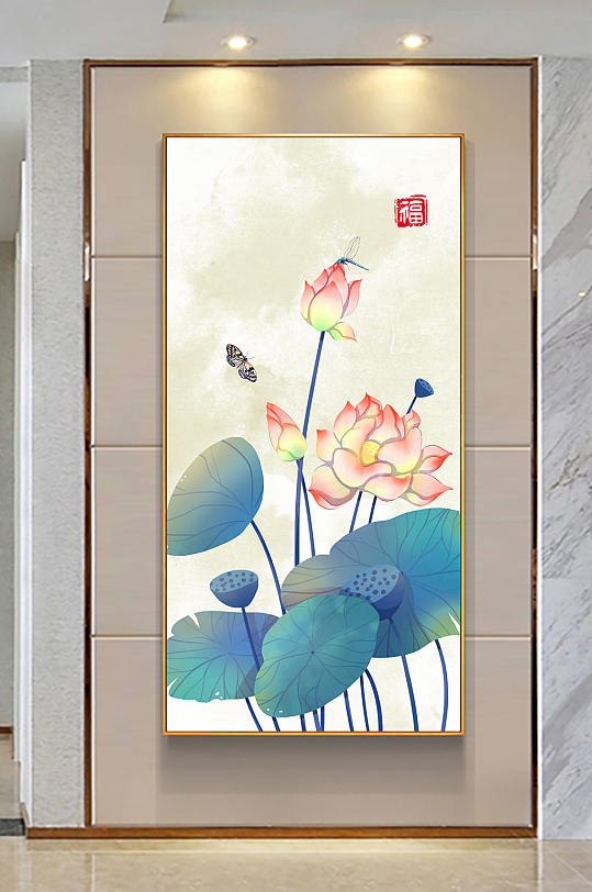 素雅荷花中式玄关画-众图网