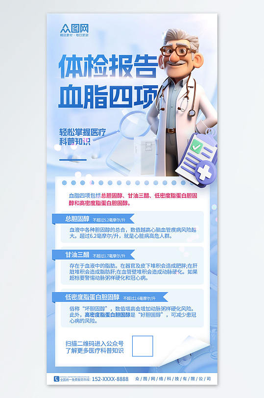 蓝色简约血脂四项科普知识医疗海报