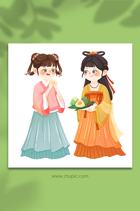 国风可爱吃粽子汉服女孩端午节人物插画