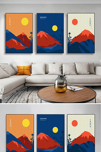 富士山现代简约风创意三联画沙发背景挂画