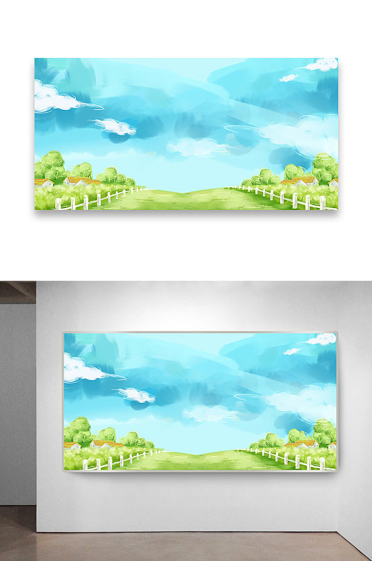 蓝天白云林荫小路手绘插画-众图网