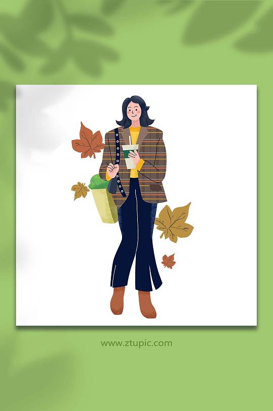 秋季扁平化风格购物人物插画棕色