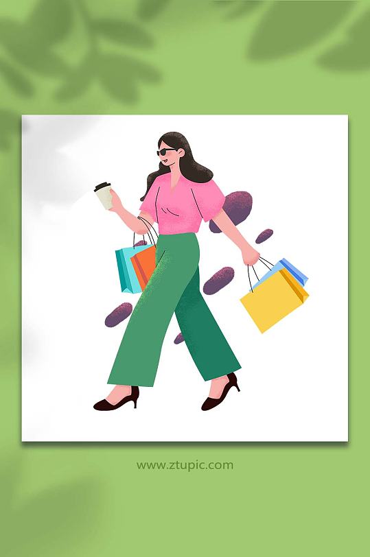 粉色扁平化风格人物购物插画