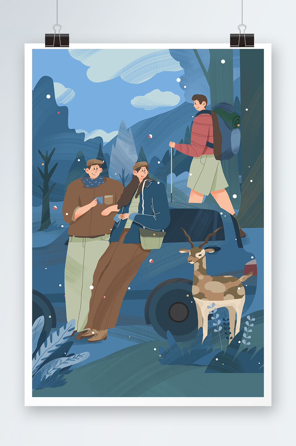 冬季扁平化风格郊游露营人物插画素材
