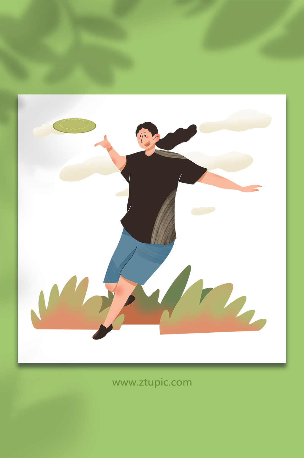 棕色女生飞盘扁平化风格运动人物插画素材