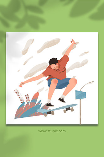 红色男生扁平化风格滑板运动人物插画