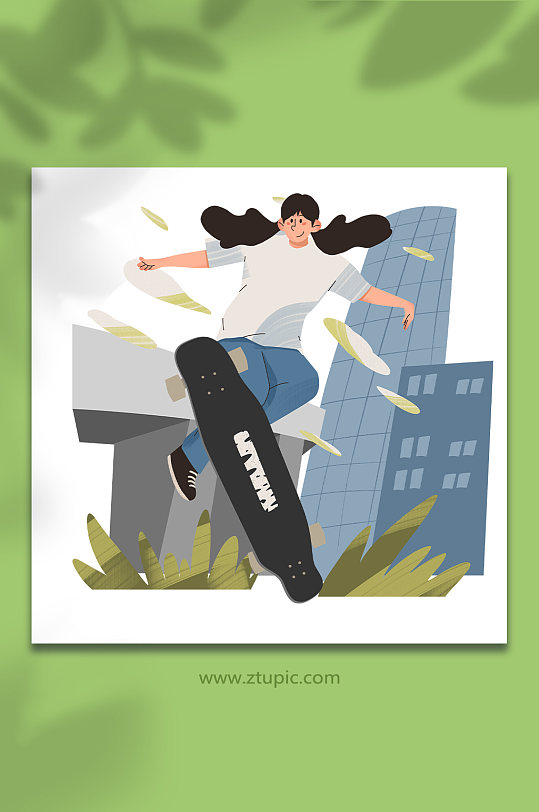 双马尾女生扁平化风格滑板运动人物插画