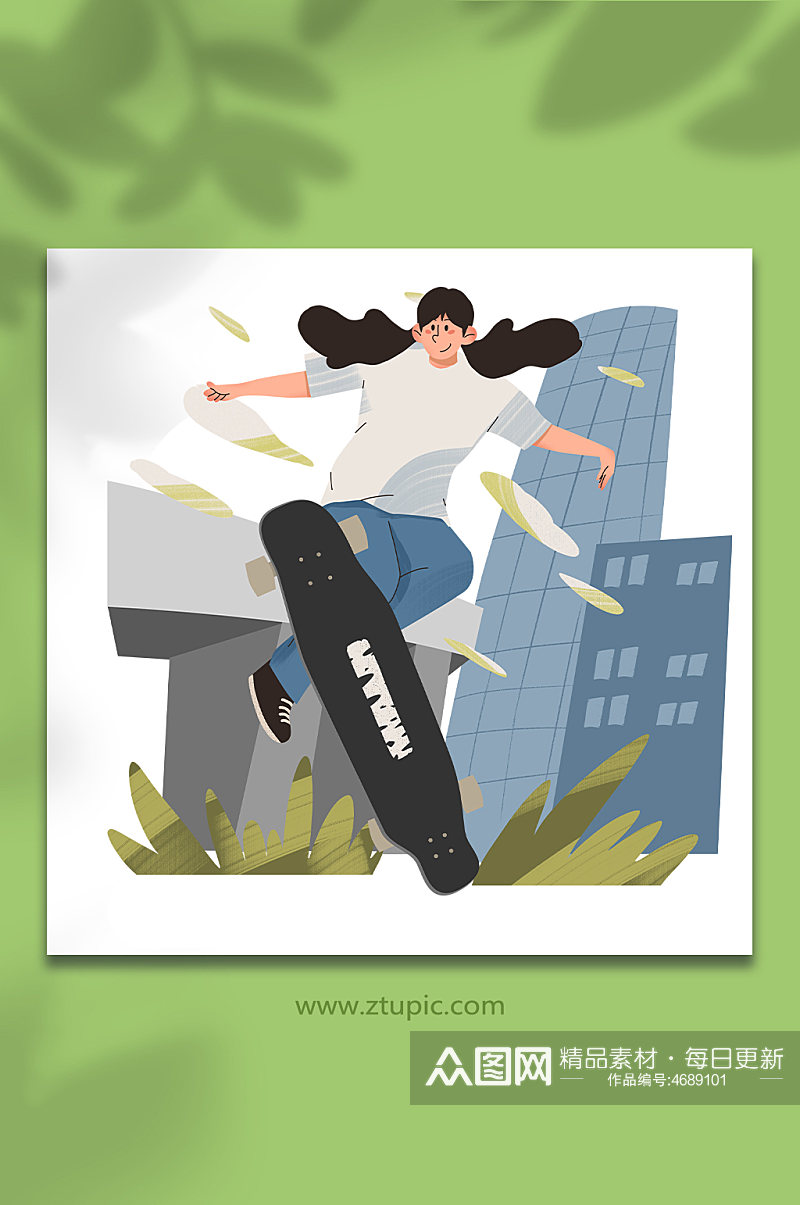 双马尾女生扁平化风格滑板运动人物插画素材