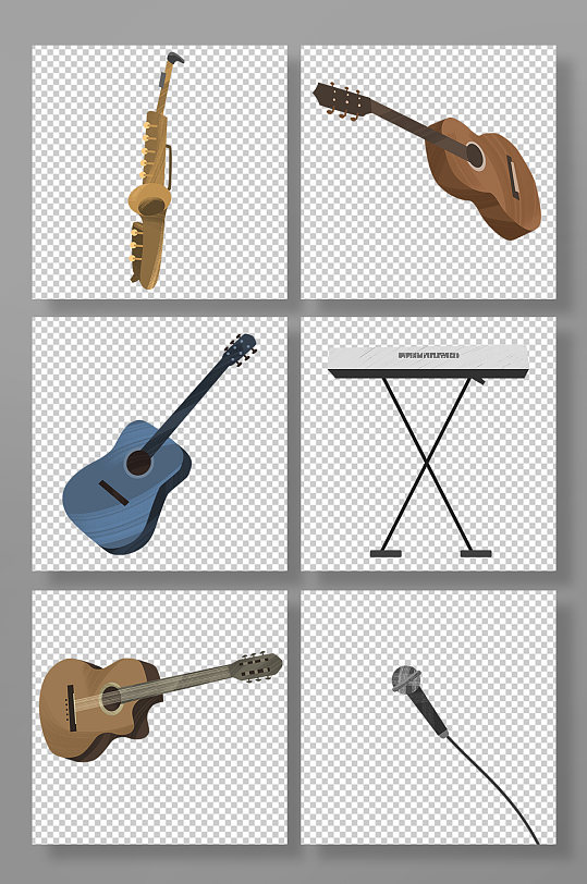 吉他电子琴话筒扁平化风格乐器组合元素