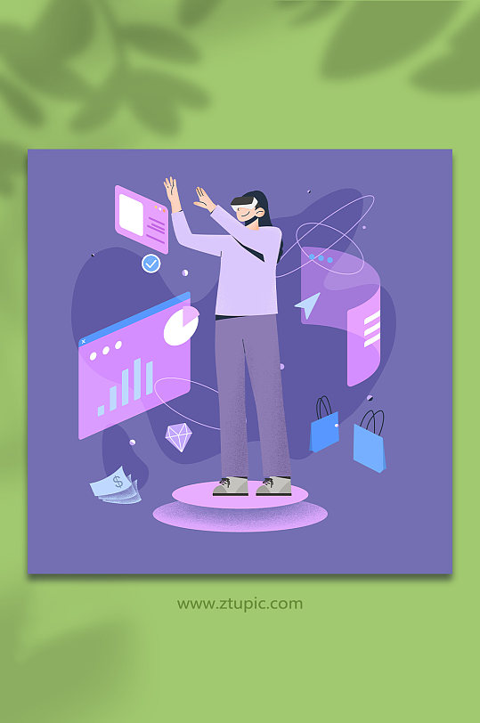 紫色女生金融扁平化VR虚拟现实人物插画