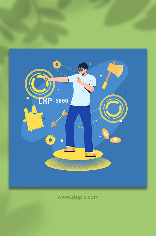 男生蓝黄色游戏扁平化vr虚拟现实人物插画