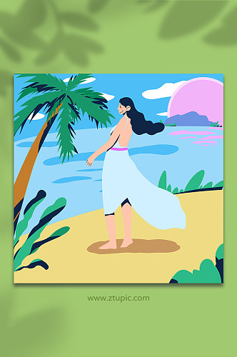 女生海滩扁平化旅游旅行人物插画