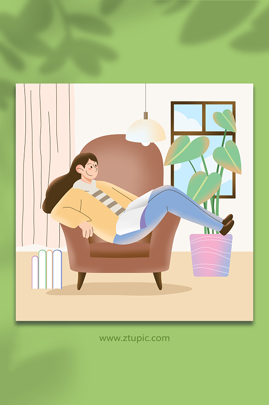 沙发女生扁平化读书人物插画-众图网
