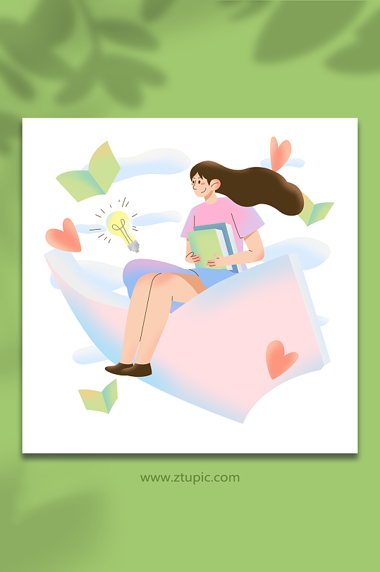 书本飞翔扁平化读书人物插画-众图网