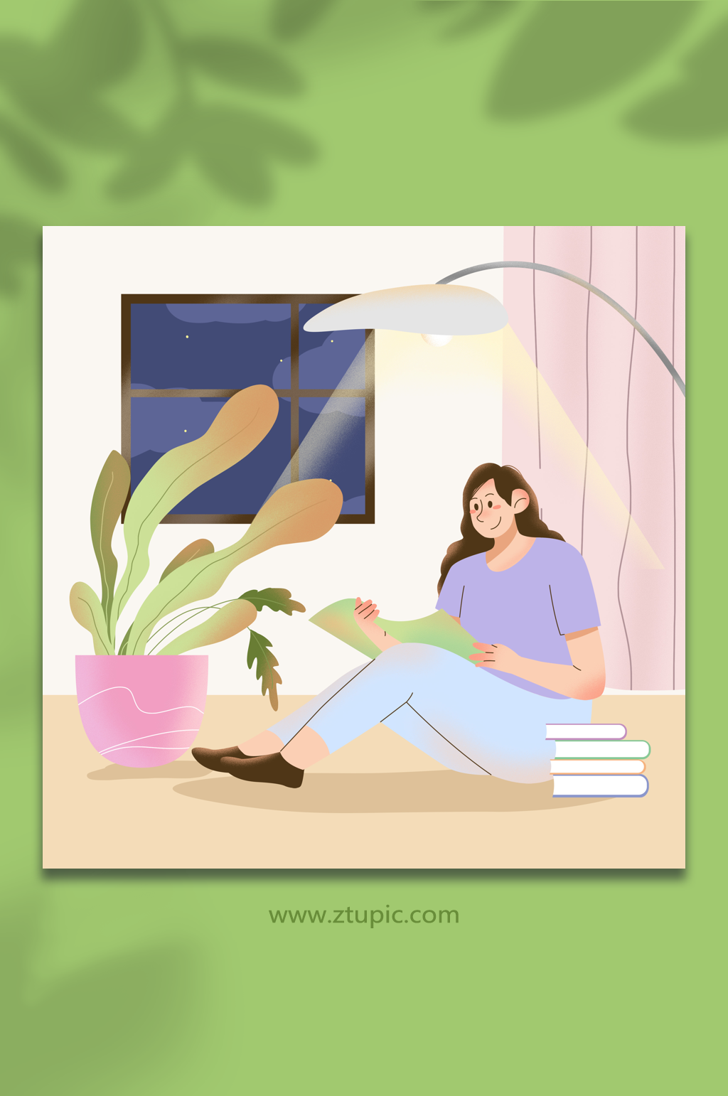 紫色女生扁平化读书人物插画素材