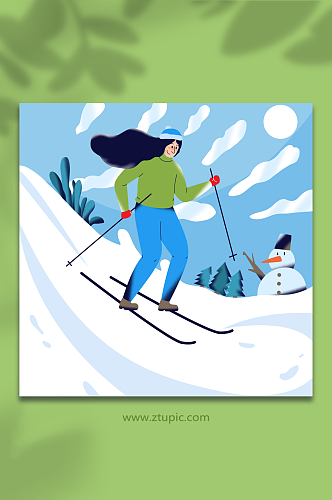 滑雪女生绿色冬季扁平化运动人物插画