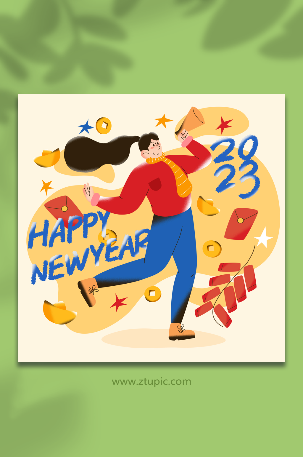 红色女生新年年货节扁平化人物插画素材