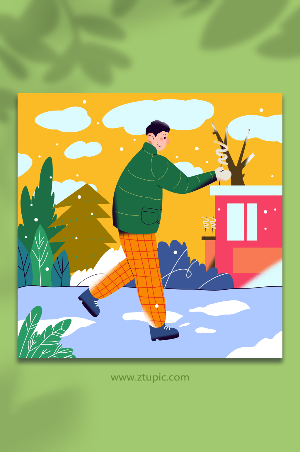 绿色男生冬季扁平化人物插画素材