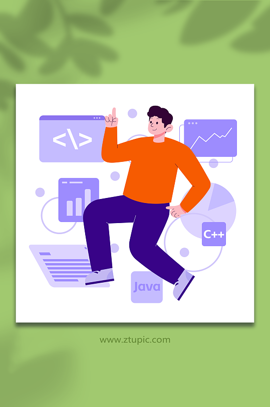 跳跃男生扁平风电脑编程人物元素插画-众图网