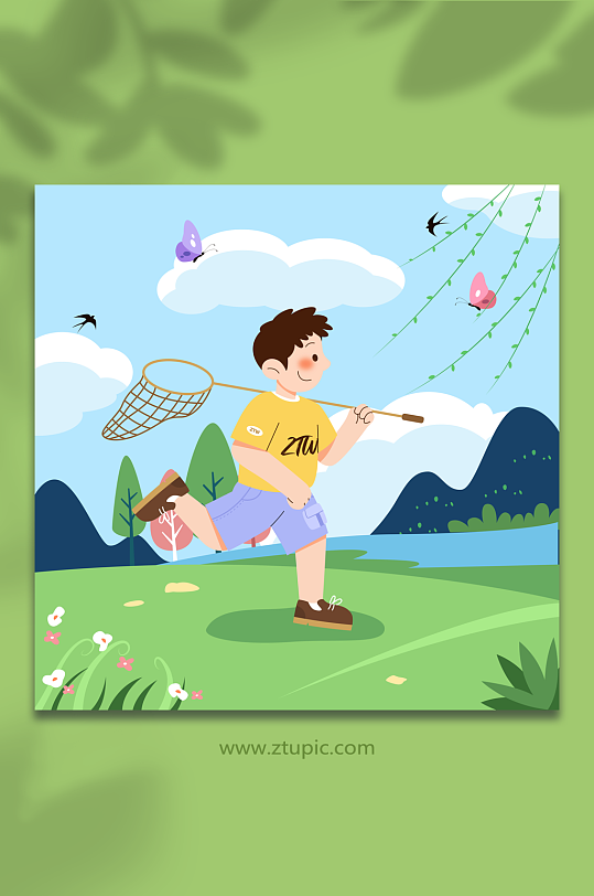捕虫男孩春季春游踏青人物元素插画-众图网