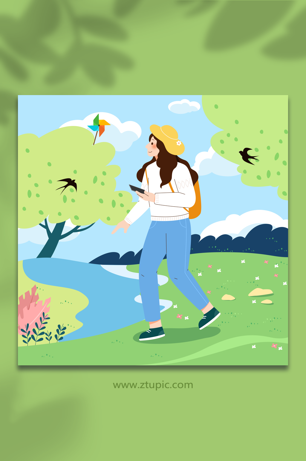 草帽女生春季春游踏青人物元素插画素材