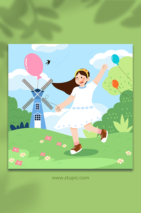 气球女孩春季春游踏青人物元素插画