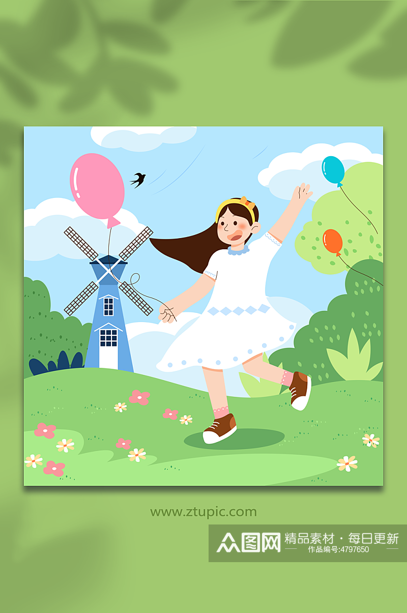 气球女孩春季春游踏青人物元素插画素材