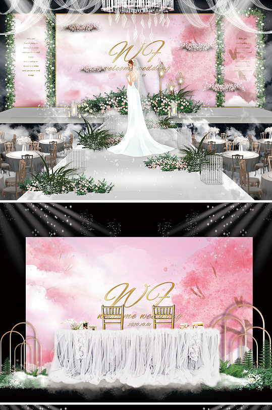唯美浪漫婚礼舞台效果图背景板-众图网