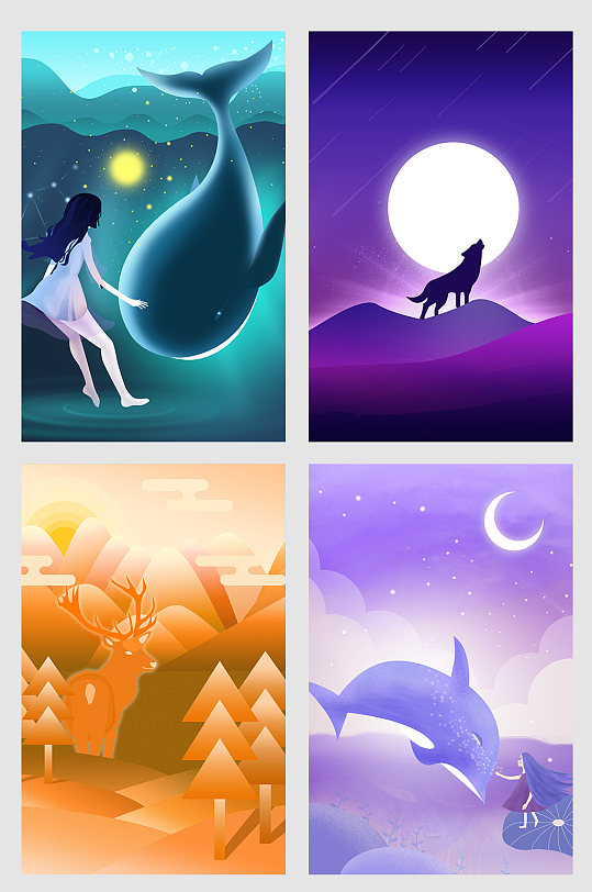 唯美插画海豚意境