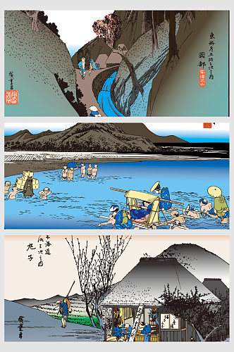 日式复古港口浮世绘插画