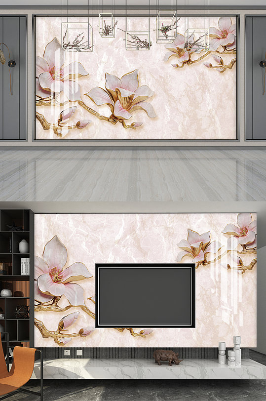 粉色质感大气花卉影视墙展板设计