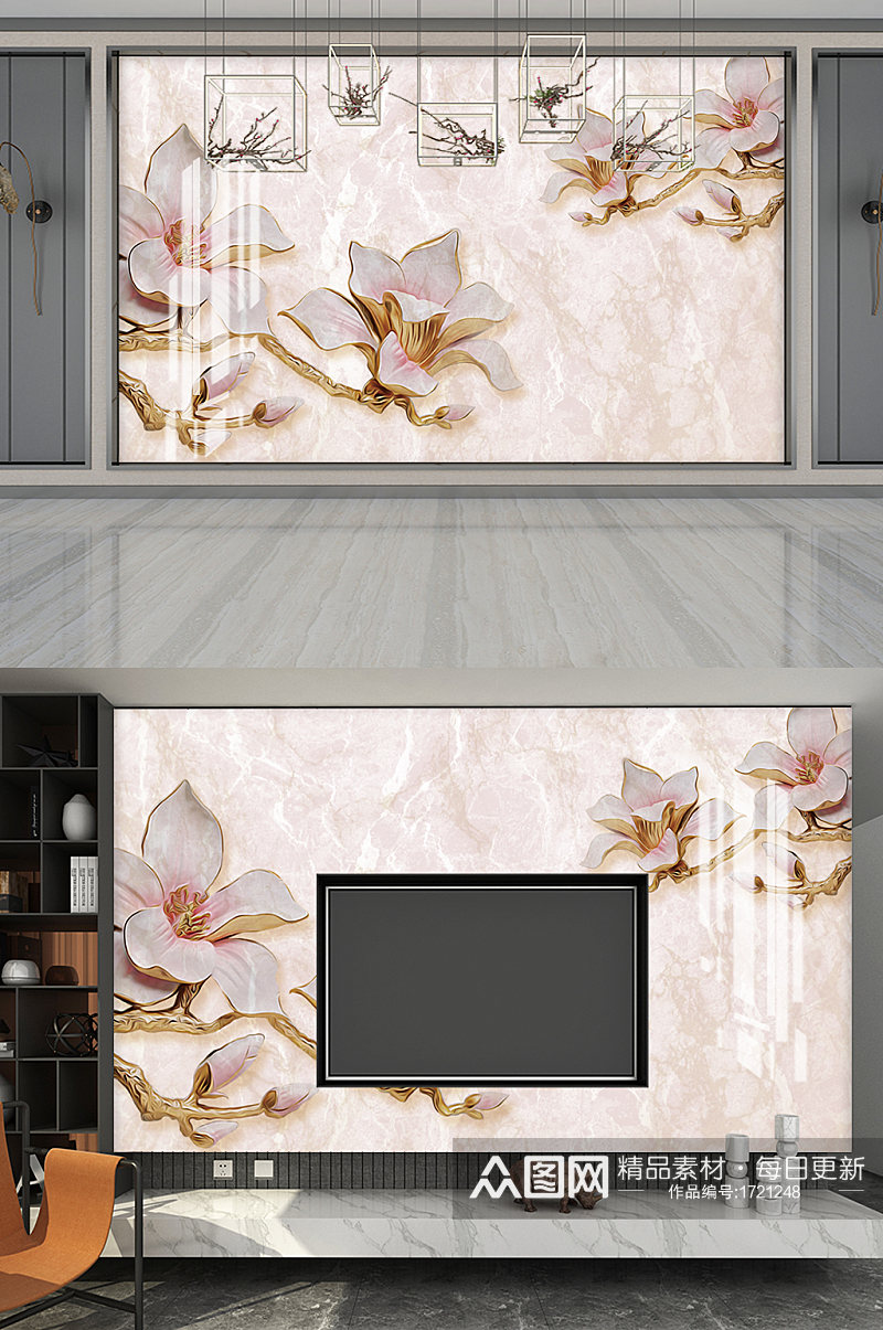 粉色质感大气花卉影视墙展板设计素材