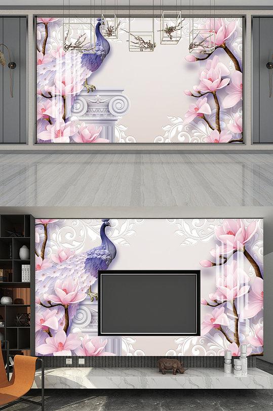 创意粉色花卉影视墙展板设计