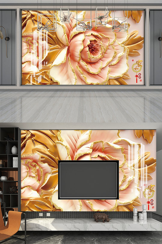 大气立体感花卉影视墙展板设计
