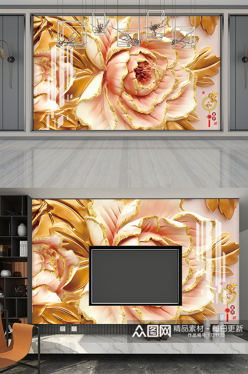 大气立体感花卉影视墙展板设计素材