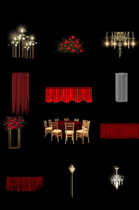 红色大气质感婚庆花草桌子装饰元素