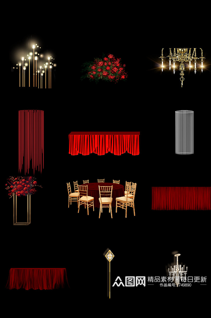 红色大气质感婚庆花草桌子装饰元素素材