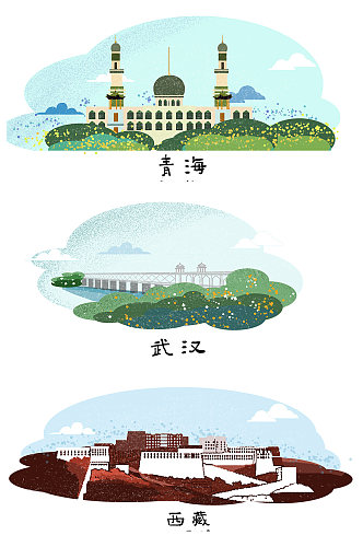 创意矢量武汉西藏建筑插画元素