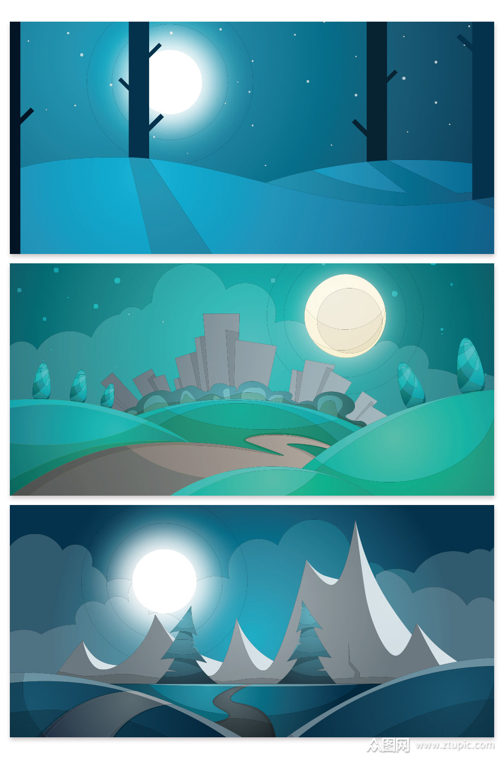 创意矢量森林山脉夜晚星空